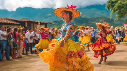 A vibrant Colombian coffee festival set against lush mountain landscapes, where locals dressed in traditional colorful attire celebrate the rich heritage of coffee farming