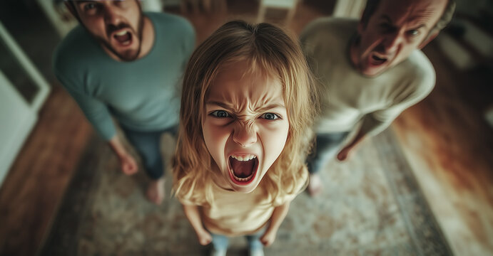 A child cries while parents argue in the background. The crying child highlights the emotional pain and turmoil caused by parental arguments. Generative AI.