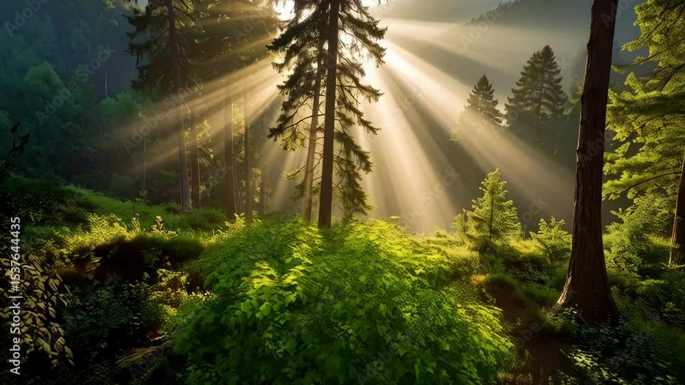 Poster sunlight filters through coniferous trees in a dense forest, illuminating vibrant green foliage and 