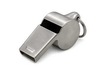 Metal referee whistle hanging in midair, signaling sports competition, coaching moment, safety alert on clean transparent backdrop