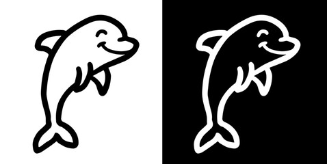 Dolphin doodle silhouette isolated on white and black background, vector hand drawn childish cute underwater cartoon scribble 