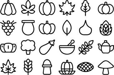Autumn harvest outline icons set for seasonal design projects isolated on transparent background