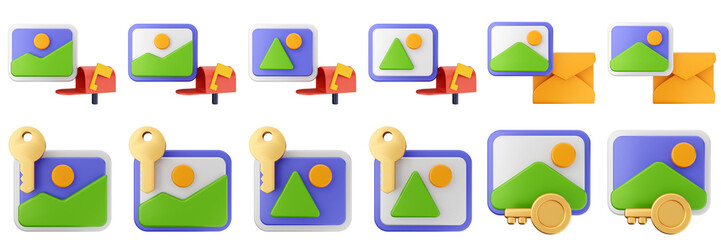 3d image key lock mail picture gallery photo icon set bundle illustration