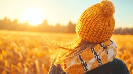 A woman in a yellow knitted hat and scarf stands in a sunlit field, enjoying the warmth of sunlight and the beauty of nature during autumn.