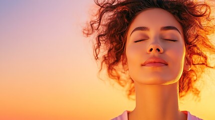 A serene woman enjoying the moment at sunset, embodying tranquility and inner peace. Capturing beauty in the glow of golden hour and nature.