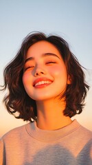 A joyful young woman smiling brightly against a sunset backdrop, exuding happiness and warmth. Perfect for illustrating positivity and self-confidence.
