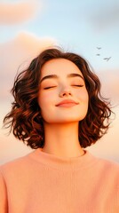 A young woman enjoying a moment of serenity, with her eyes closed and a gentle smile, against a beautiful sky with soft clouds and distant birds.