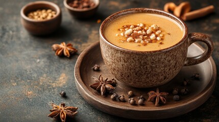 Spiced Beverage in Mug with Spices on Wooden Plate