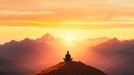 A serene silhouette of a person meditating on a mountain peak during a breathtaking sunset, symbolizing peace and inner reflection in nature.