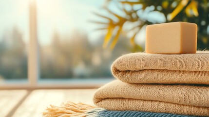 A serene and warm ambiance featuring soft towels and a bar of soap on a wooden surface, perfect for relaxation and self-care moments.
