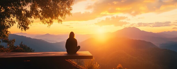 A serene sunset view with a silhouette of a person meditating on a ledge, surrounded by mountains. Perfect for evoking relaxation and mindfulness.