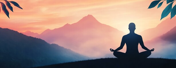 A serene silhouette of a person meditating against a vibrant sunset over mountains, capturing tranquility and inner peace in nature.