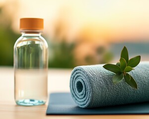 A refreshing moment captured with a glass bottle of water, neatly rolled towel, and a green leaf, perfect for wellness and relaxation themes.