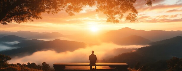A serene view of a person gazing at a breathtaking sunset over mountains and valleys, symbolizing peace and reflection in nature's beauty.