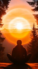 A peaceful person meditating in nature during a stunning sunset, surrounded by trees, embodying tranquility and mindfulness in a serene landscape.
