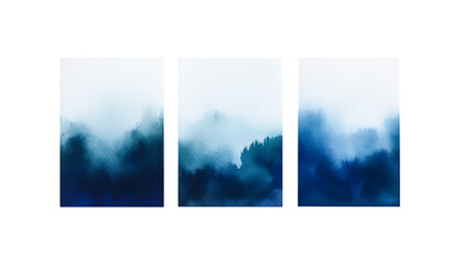 Set of three abstract watercolor landscape panels with misty blue mountains and gradient sky isolated transparent background, png