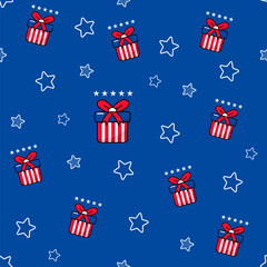 Seamless Patriotic Gift Box Pattern with Stars - American Flag Inspired Vector Art Stars and Stripes Design on Blue Background