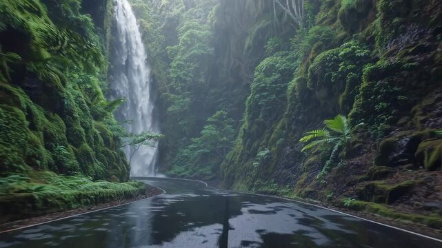 POV summer road trip through lush jungle with waterfall and misty cliffside stream, tropical rainforest adventure, perfect for travel inspiration and nature tourism videos