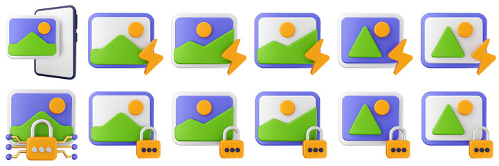 3d image flash lock picture gallery photo icon set bundle illustration