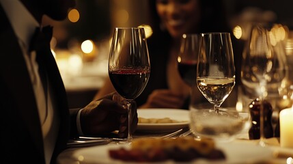 A romantic candlelit dinner with red wine and a woman