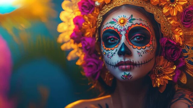 Vibrant woman with sugar skull makeup and colorful floral crown celebrating day of the dead