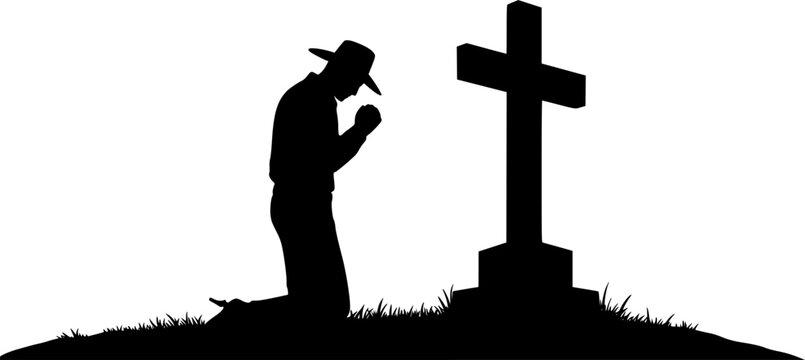 Cowboy Praying at Memorial Cross. vector silhouette

