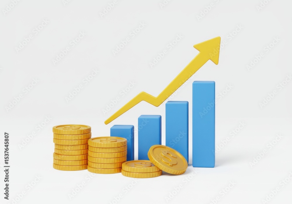 Poster financial growth concept with rising graph and stacks of coins on a plain backdrop