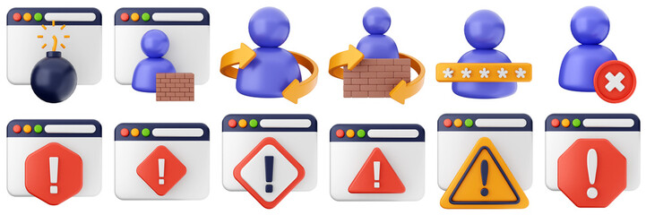 3d internet website user account firewall password cyber security safety data protection icon set bundle illustration