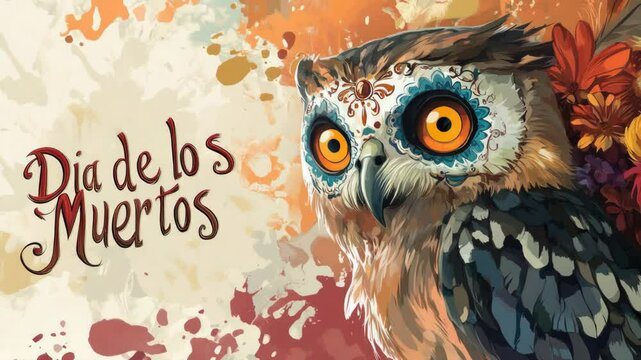 Vibrant owl with colorful sugar skull design and dia de los muertos text in background for day of the dead celebration concept