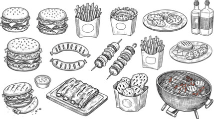 Hand drawn vector illustrations. BBQ collection. Barbeque design elements in sketch style. Fast food. Perfect for menu, prints, packing, leaflets, advertising