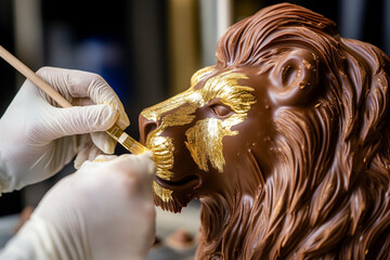 Artist decorates a chocolate lion sculpture with gold detailing in a confectionery workshop