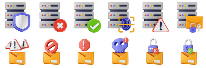 3d internet server mail alert website cyber security safety data protection icon set bundle illustration