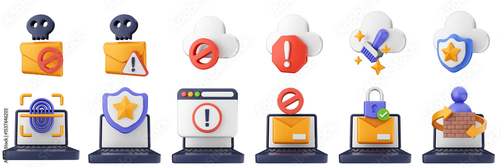 Poster 3d internet spam mail block laptop website cyber security safety data protection icon set bundle ill