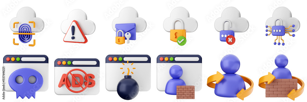 Poster 3d internet cloud user firewall website cyber security safety data protection icon set bundle illust