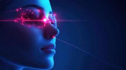 A beautiful woman wearing futuristic technology glasses with a laser