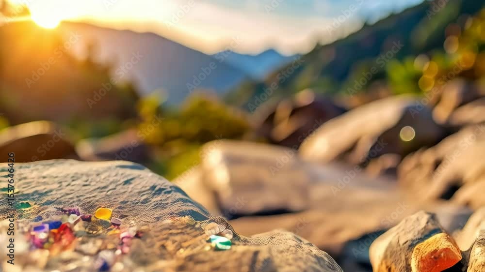Poster blurred mountain scene featuring colorful pebbles with warm sunset light in a nature setting emphasi
