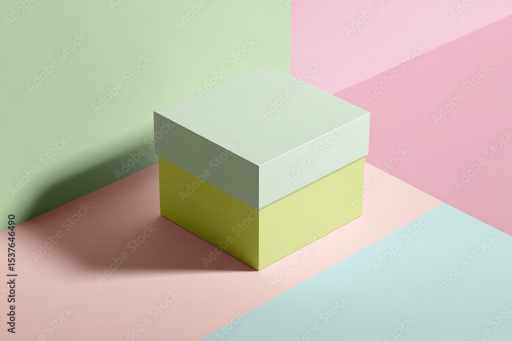 Poster a minimalist shot of a square box with soft pastel color block background.