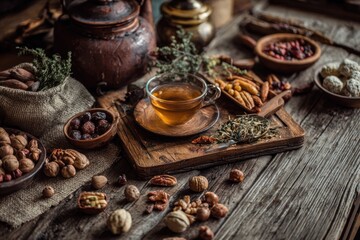 Fototapeta premium Warm and inviting still life of tea, nuts, and healthy snacks on a wooden table.
