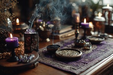 Fototapeta premium Mystical scene with candles, incense, and ritual items creating an atmospheric vibe.