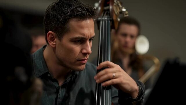 Concentrated Double Bass Player in Orchestra Rehearsal