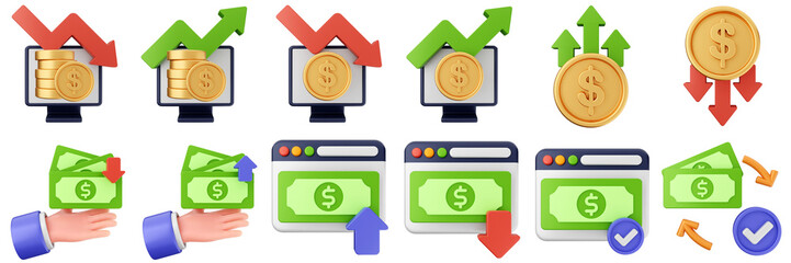 3d money website investment transaction cash coin dollar finance income profit icon set bundle illustration