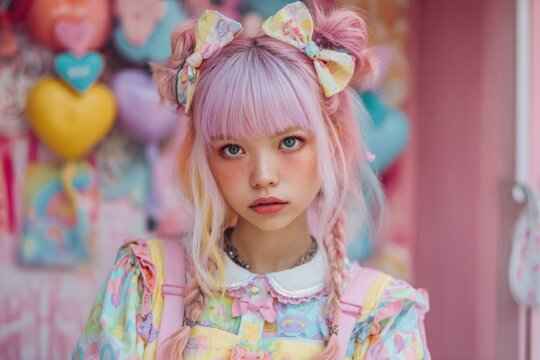 A young woman with pink hair and bows stands in front of a colorful background.