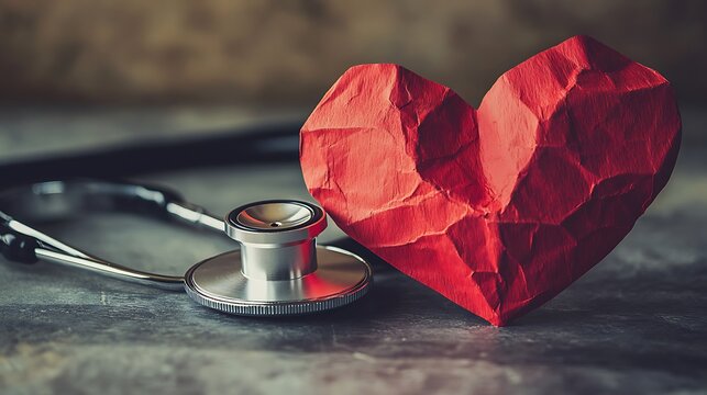 A crumpled red paper heart next to a stethoscope on a textured surface in a health related image