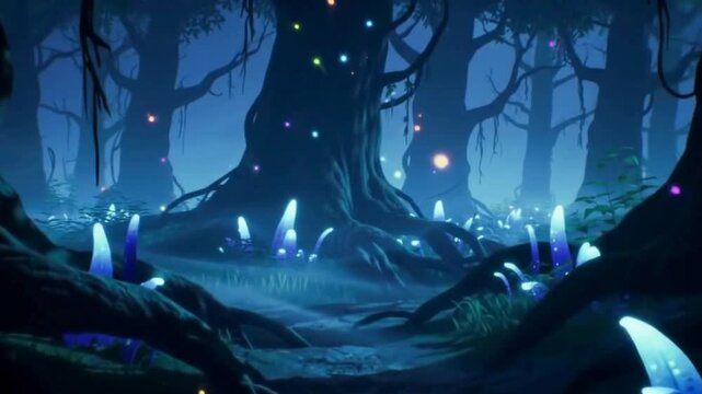 4K Video of Enchanted Forest at Night: Glowing mushrooms illuminate a mystical forest at night, their ethereal light casting an enchanting glow on ancient trees.  