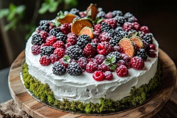 Colorful berry cake decorated with fresh fruits and greenery ready for dessert celebration