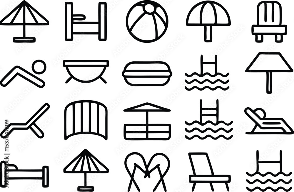 Poster outline icon set of beachfront villas isolated on transparent background