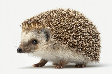 Fototapeta premium Close-up of a hedgehog with spiky quills curled into a defensive ball on a clean white background