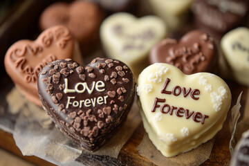 Heart-shaped chocolates with sweet messages displayed on a wooden tray for special occasions