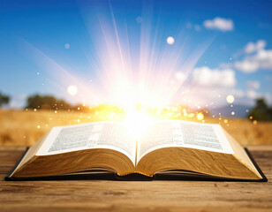 Radiant open book rests on wooden surface, illuminated by divine light that bursts forth, creating magical atmosphere against serene landscape