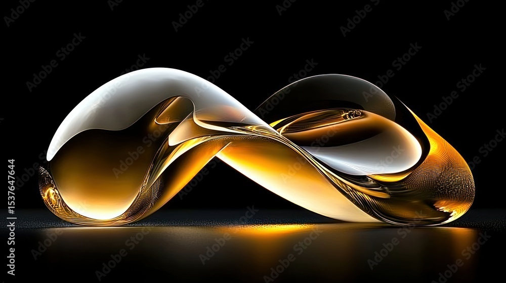 Poster abstract golden form displayed against a dark background with reflections